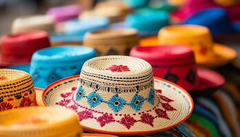 une homme dans une chapeau est travail sur une table avec coloré Chapeaux ai généré photo