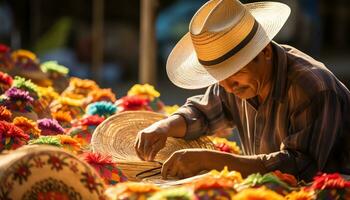 une homme dans une chapeau est travail sur une table avec coloré Chapeaux ai généré photo