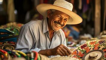 une homme dans une chapeau est travail sur une table avec coloré Chapeaux ai généré photo