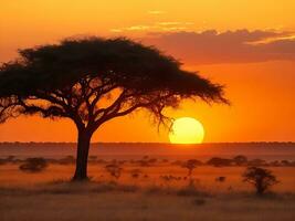 fascinant vue de le silhouette de une arbre dans le savane plaines pendant le coucher du soleil génératif ai photo
