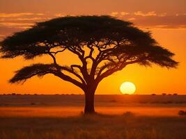 fascinant vue de le silhouette de une arbre dans le savane plaines pendant le coucher du soleil génératif ai photo