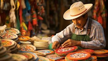 une homme dans une chapeau est vente coloré articles ai généré photo