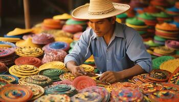 une homme dans une chapeau est travail sur une table avec coloré Chapeaux ai généré photo