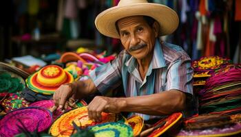 une homme dans une chapeau est travail sur une table avec coloré Chapeaux ai généré photo