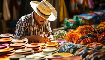 une homme dans une chapeau est travail sur une table avec coloré Chapeaux ai généré photo
