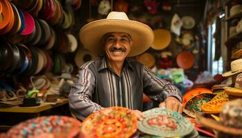 une homme dans une chapeau est vente coloré articles ai généré photo
