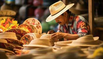 une homme dans une chapeau est vente coloré articles ai généré photo