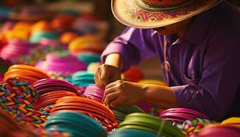 une homme dans une chapeau est vente coloré articles ai généré photo