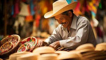 une homme dans une chapeau est vente coloré articles ai généré photo