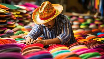 une homme dans une chapeau est vente coloré articles ai généré photo