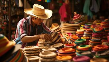 une homme dans une chapeau est vente coloré articles ai généré photo