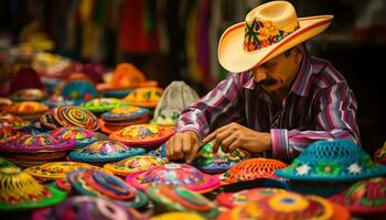 une homme dans une chapeau est vente coloré articles ai généré photo