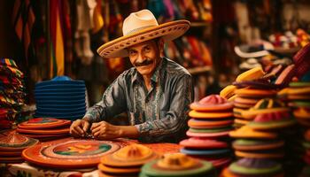 une homme dans une chapeau est vente coloré articles ai généré photo