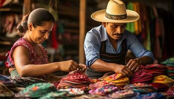 une homme dans une chapeau est vente coloré articles ai généré photo