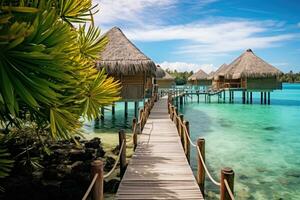 en bois pont à l'eau bungalows dans tropical Maldives île, plus de l'eau bungalows avec pas dans vert lagune, ai généré photo