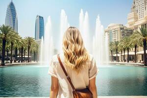 une Jeune blond femme dans une blanc T-shirt avec une sac à dos est permanent par le Fontaine dans Dubai, uni arabe émirats, content touristique fille arrière vue en marchant près fontaines dans Dubai ville, ai généré photo