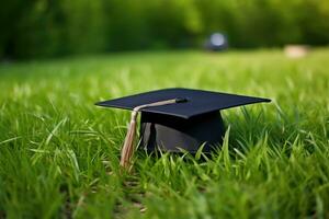 l'obtention du diplôme casquette et diplôme sur vert herbe, peu profond profondeur de champ, l'obtention du diplôme chapeau mensonges sur vert herbe, ai généré photo