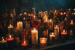 brûlant bougies dans cimetière à nuit. Halloween Contexte. sélectif se concentrer, groupe de allumé bougies, Mémoire de décédé personnes, ai généré photo