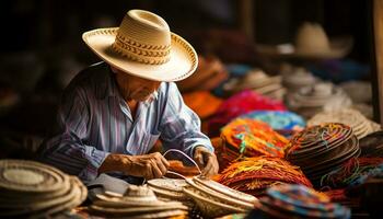 une homme dans une chapeau travail sur une chapeau ai généré photo