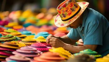 une homme dans une chapeau travail sur une chapeau ai généré photo