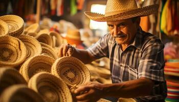 une homme dans une chapeau travail sur une chapeau ai généré photo