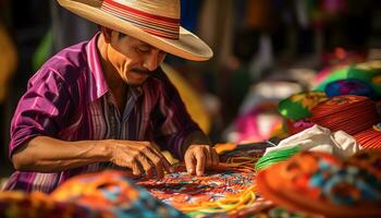 une homme dans une chapeau travail sur une chapeau ai généré photo