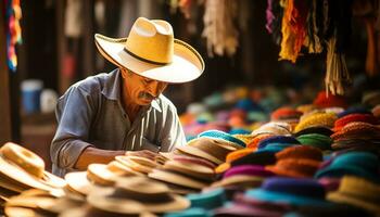 une homme dans une chapeau est vente coloré articles ai généré photo