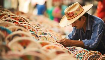 une homme dans une chapeau travail sur une chapeau ai généré photo