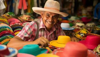 une homme dans une chapeau travail sur une chapeau ai généré photo