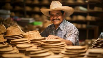 une homme dans une chapeau travail sur une chapeau ai généré photo