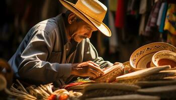 une homme dans une chapeau travail sur une chapeau ai généré photo