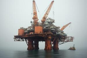 offshore construction Plate-forme pour production pétrole et gaz dans le mer. lourd ascenseur grue navire, ai généré photo