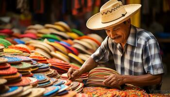 un vieux homme dans une chapeau est travail sur une chaîne de fil ai généré photo