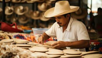 un vieux homme dans une chapeau est travail sur une chaîne de fil ai généré photo