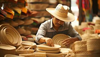 une homme dans une coloré chapeau est travail sur une chapeau ai généré photo