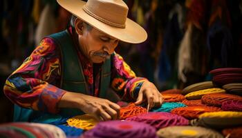 un vieux homme dans une chapeau est travail sur une chaîne de fil ai généré photo