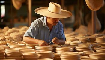 une homme dans une coloré chapeau est travail sur une chapeau ai généré photo