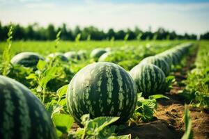 pastèques croissance sur une champ dans été. agricole paysage, mature gros pastèques dans le pastèque champ, Contexte flou, ai généré photo