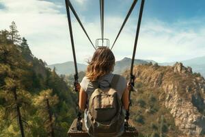 Jeune femme sur une balançoire dans le montagnes. le fille est à la recherche à le paysage, promeneur femme équitation une chariot tyrolienne sur le montagne, arrière voir, non visible visages, ai généré photo