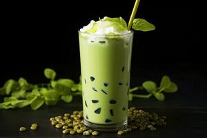 glacé vert thé avec Lait dans une verre sur une noir arrière-plan, matcha bulle thé avec Lait et mousse, ai généré photo