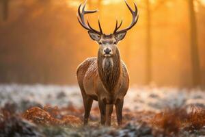 rouge cerf cerf pendant en rut saison dans hiver forêt paysage, majestueux rouge cerf cervus élaphe cerf dans le Matin brume, Royaume-Uni, ai généré photo