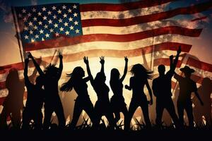 silhouettes de gens dansant sur le Contexte de le américain drapeau, silhouette de les mecs et les filles agitant américain drapeaux, ai généré photo