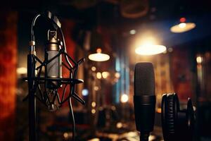 professionnel microphone sur étape dans enregistrement studio. microphone et du son équipement, enregistrement studio dans le Contexte avec une microphone, ai généré photo