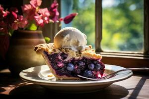 myrtille tarte avec la glace crème sur une rustique en bois tableau, tranche de myrtille tarte surmonté avec une scoop de la glace crème sur une ensoleillé journée près une fenêtre, ai généré photo