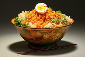 bol de udon nouilles avec Oeuf et des légumes sur gris arrière-plan, délicieux bol de ramen nouilles, ai généré photo
