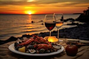 deux des lunettes de rouge du vin sur le plage à le coucher du soleil avec crevettes, moules et moules, dîner avec Fruit de mer et rouge du vin sur le Contexte de mer coucher de soleil, ai généré photo