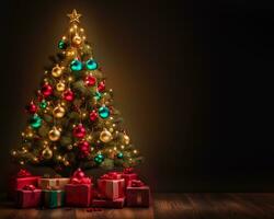 Noël arbre avec présente et lumières sur foncé arrière-plan, Noël salutations maquette. ai génératif photo