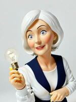 une 3d jouet Sénior femme à la recherche à lumière ampoule sur une blanc Contexte. ai généré photo
