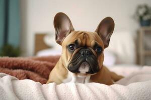 mignonne français bouledogue dans une chambre à coucher, fermer. ai génératif photo