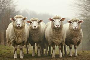une groupe de mouton permanent en plein air. génératif ai photo
